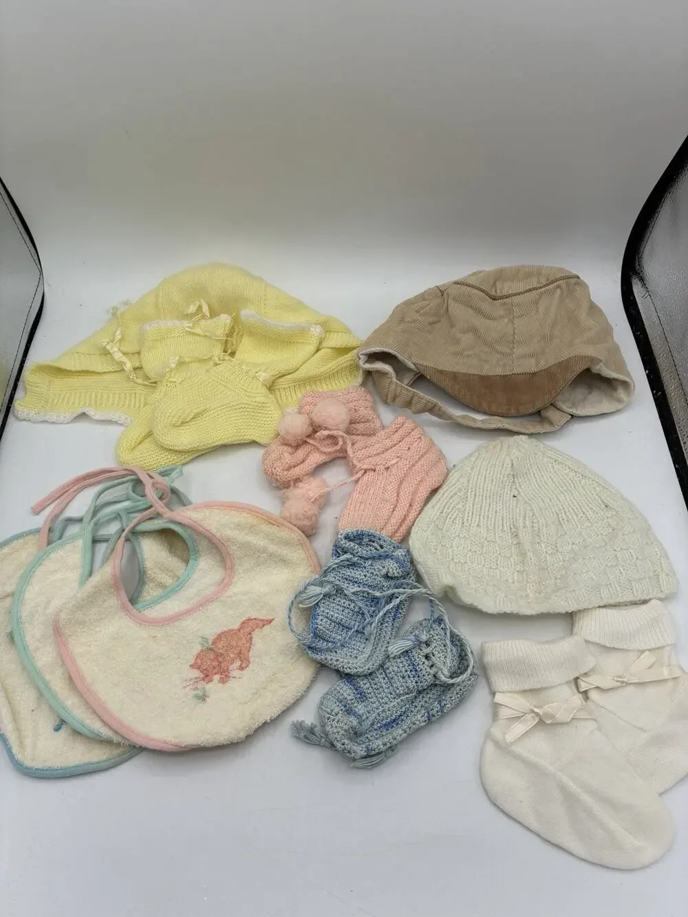 Vintage Baby Lot 10pc Carter’s Bibs Knit Booties Bonnets Corduroy Hat Beanie
